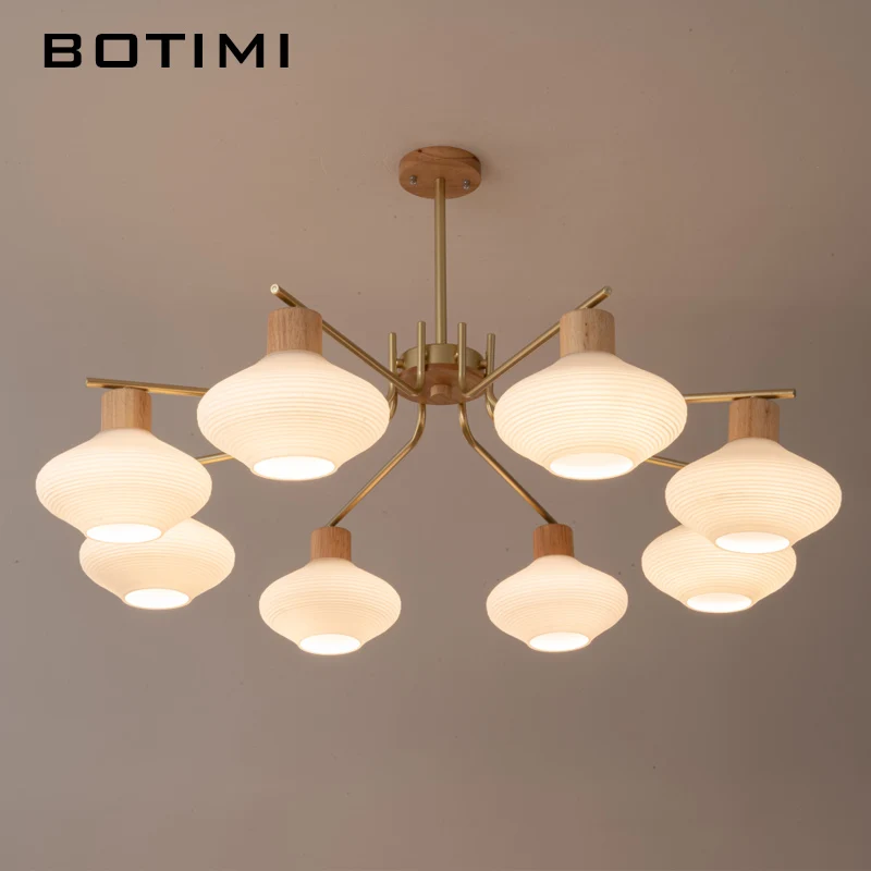 

BOTIMI Simple design Solid Wood Chandelier With White Glass Lampshades For Foyer Designer Wooden Bedroom Lights Nordic Lustre