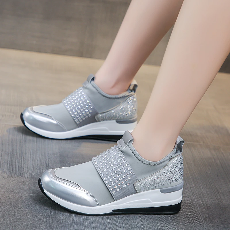 New Mesh rhinestone Women Lightweight Sports Shoes Casual Comfortable Breathable Outdoor Travel Cuffed Socks Wedge Women Shoes