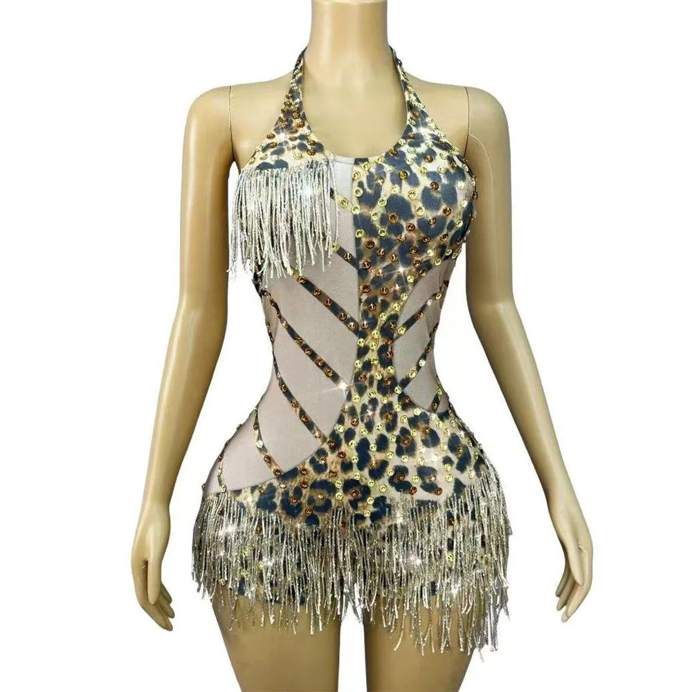 

Halterneck Rhinestone Fringe Leopard Bodysuit Irregularity Sparkly Tasssels Bodysuit Women Show Party Dance Vestido Stage Wear
