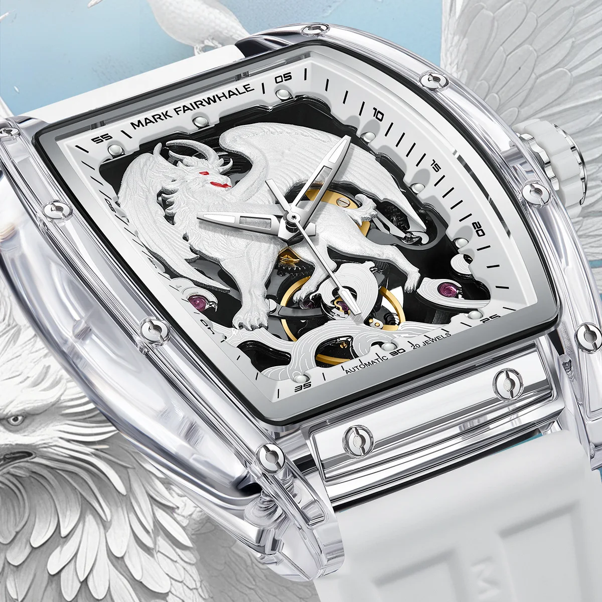 

Mark Fairwhale White Mechanical Watch - Fashion Personality Sports Waterproof Luminous Automatic Skeleton Rubber Strap