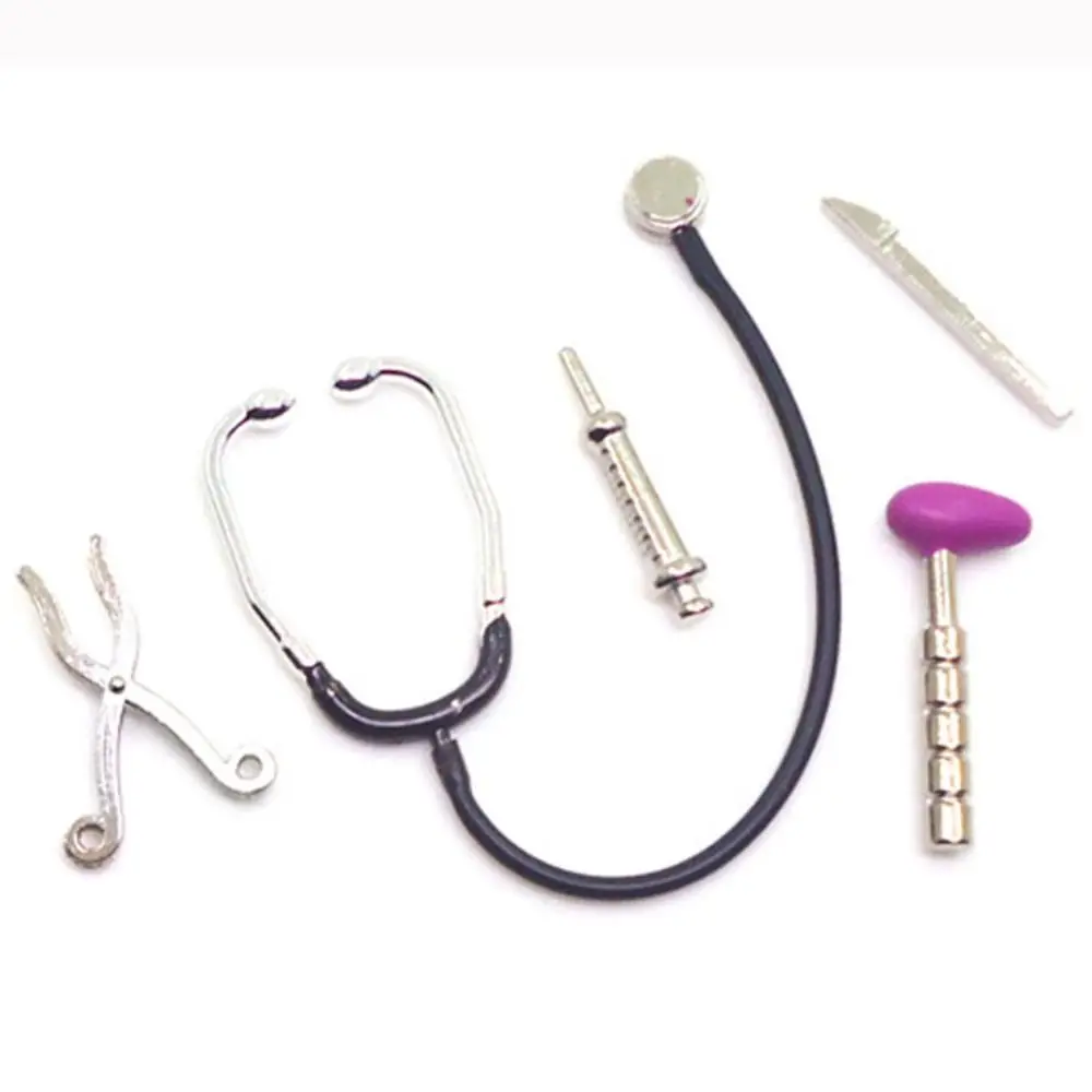 1/6 1/12 Scale Dollhouse Stethoscope Set Doctor Nurse Doll Accessories Miniature Medical Appliances Kids Toy Alloy