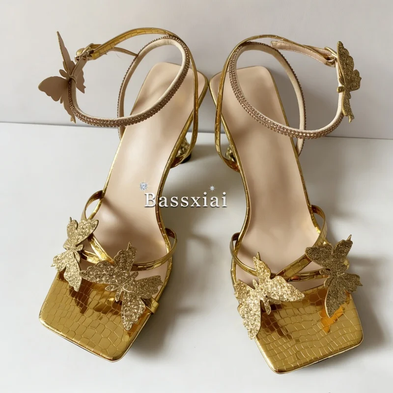 Vivid Sequins Butterfly-Flower Modern Sandals Women Unique Strange Heel Narrow Band Ankle Wrap Summer Shoes