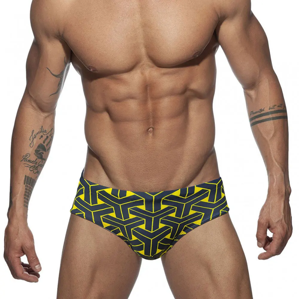 Custom LOGO men's woven pattern printed triangle swimming pants, trendy and fashionable beach sports and fitness shorts