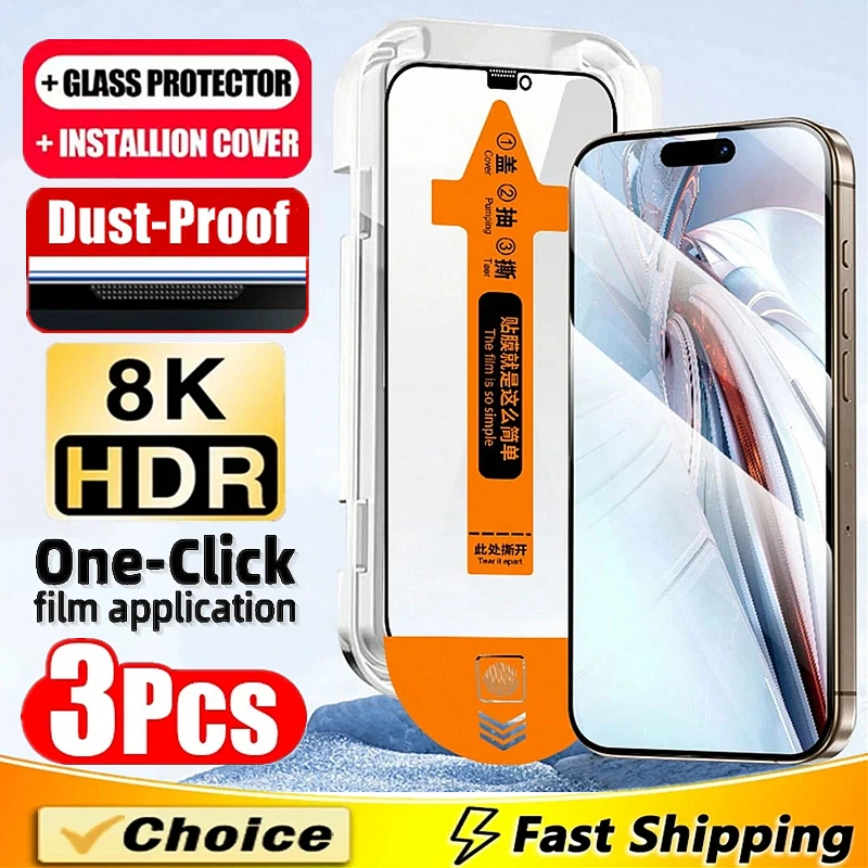 

Oleophobic Coating Dust Free Easy Installation Screen Protector For iPhone 16 15 14 11 12 13 17 Pro Max XS X XR 15 16 Plus Glass