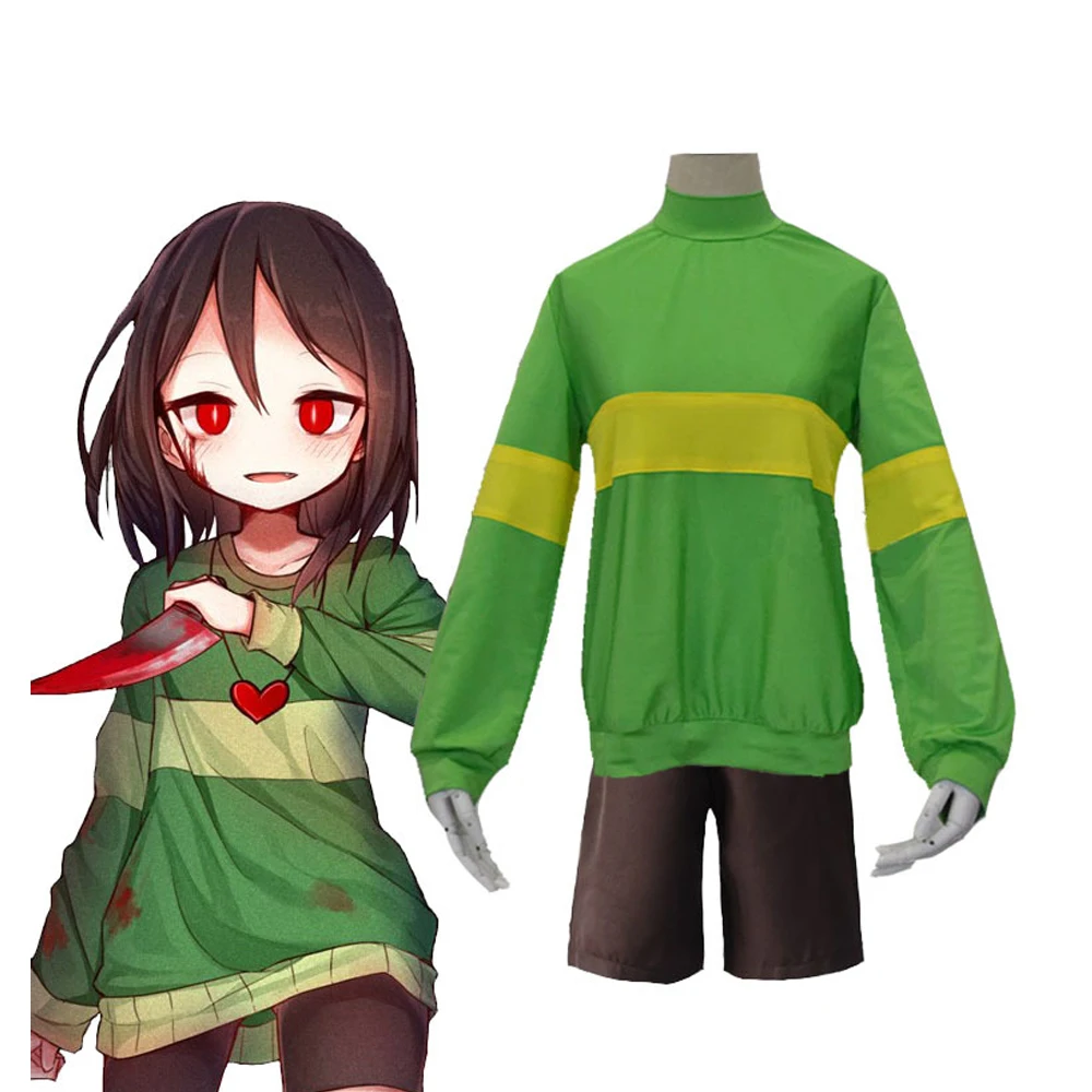 Anime Undertale Frisk Chara Cosplay Costume Andertail Sweatshirt High Collar Long Sleeve Clothes Top + Shorts