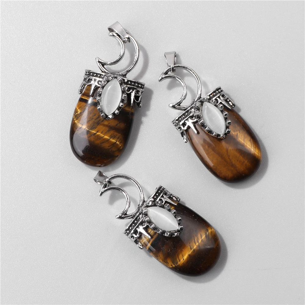 1pc Moon, tribal style pendant, natural stone,Tiger Eye,Jades,Crystal Stone Fashion Pendant Charm For Jewelry Making 26*52MM