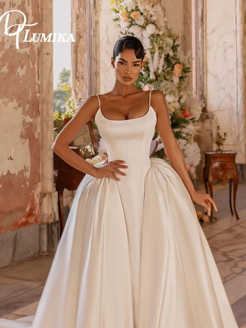 Elegancka suknia ślubna na ramiączkach spaghetti z satyny, romantyczna, z dużym, zwiewnym dołem, słodka suknia balowa, długa suknia ślubna do ziemi, szata.