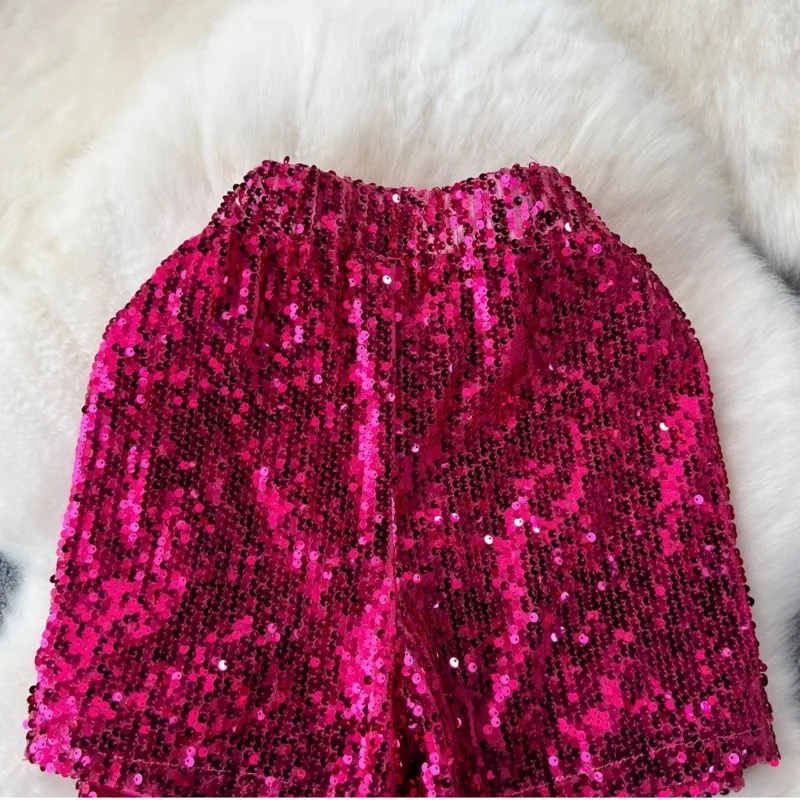 2024 Summer New Color Sequin Shorts Stamped Waist Slimming Fashionable All-Match Flesh Covering Trendy Anti-glare Short Skirt