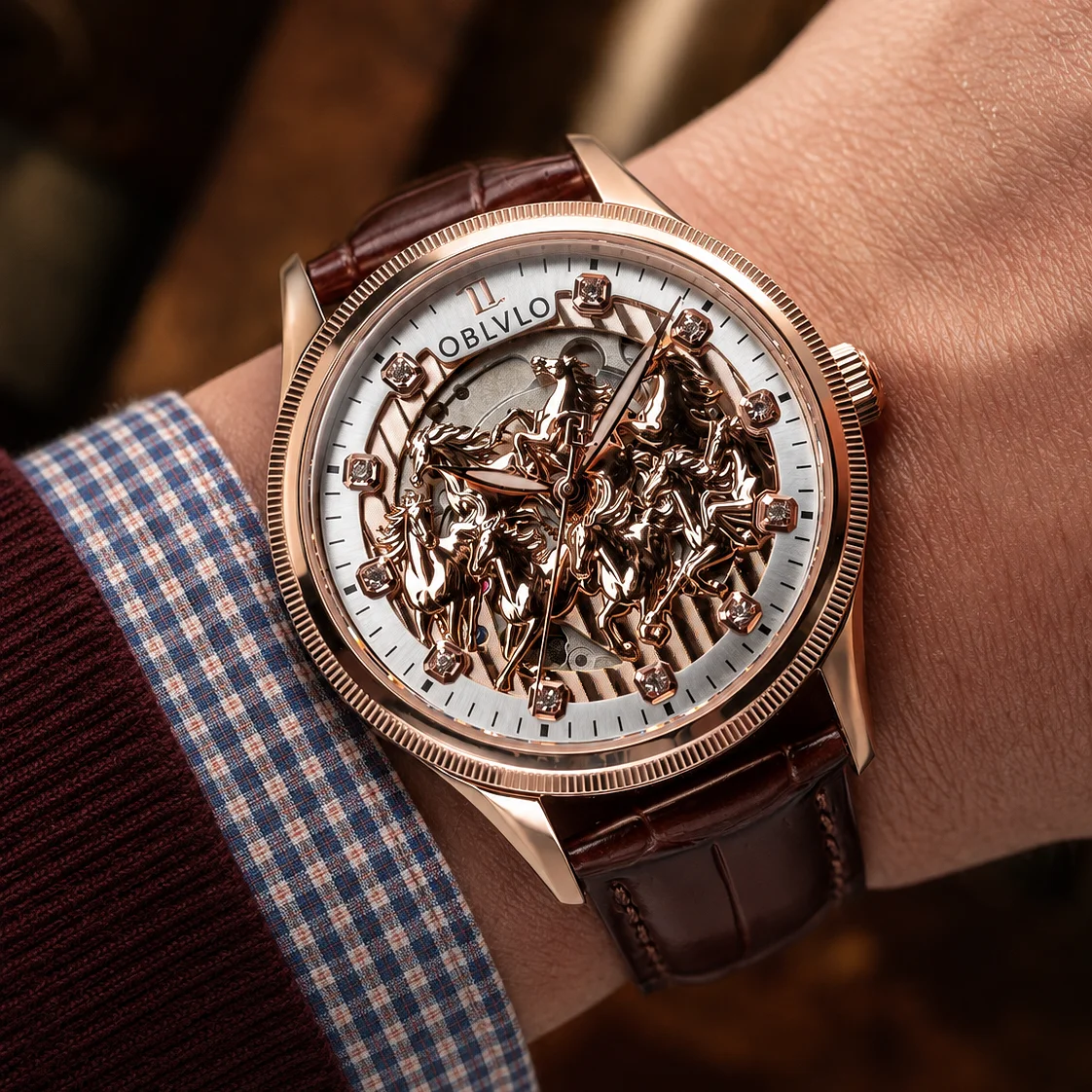 OBLVLO Men's Rose Gold Automatic Watch 3D Sculpted Horse Multi-Layer Dial Brown Leather Strap Mechanical Classic Timepiece VMH