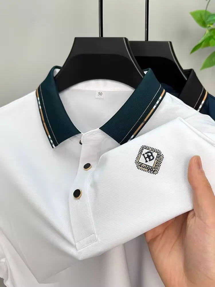 High quality brand short sleeved men's polo shirt summer fashion diamond print design breathable cotton top soft casual T-shirt