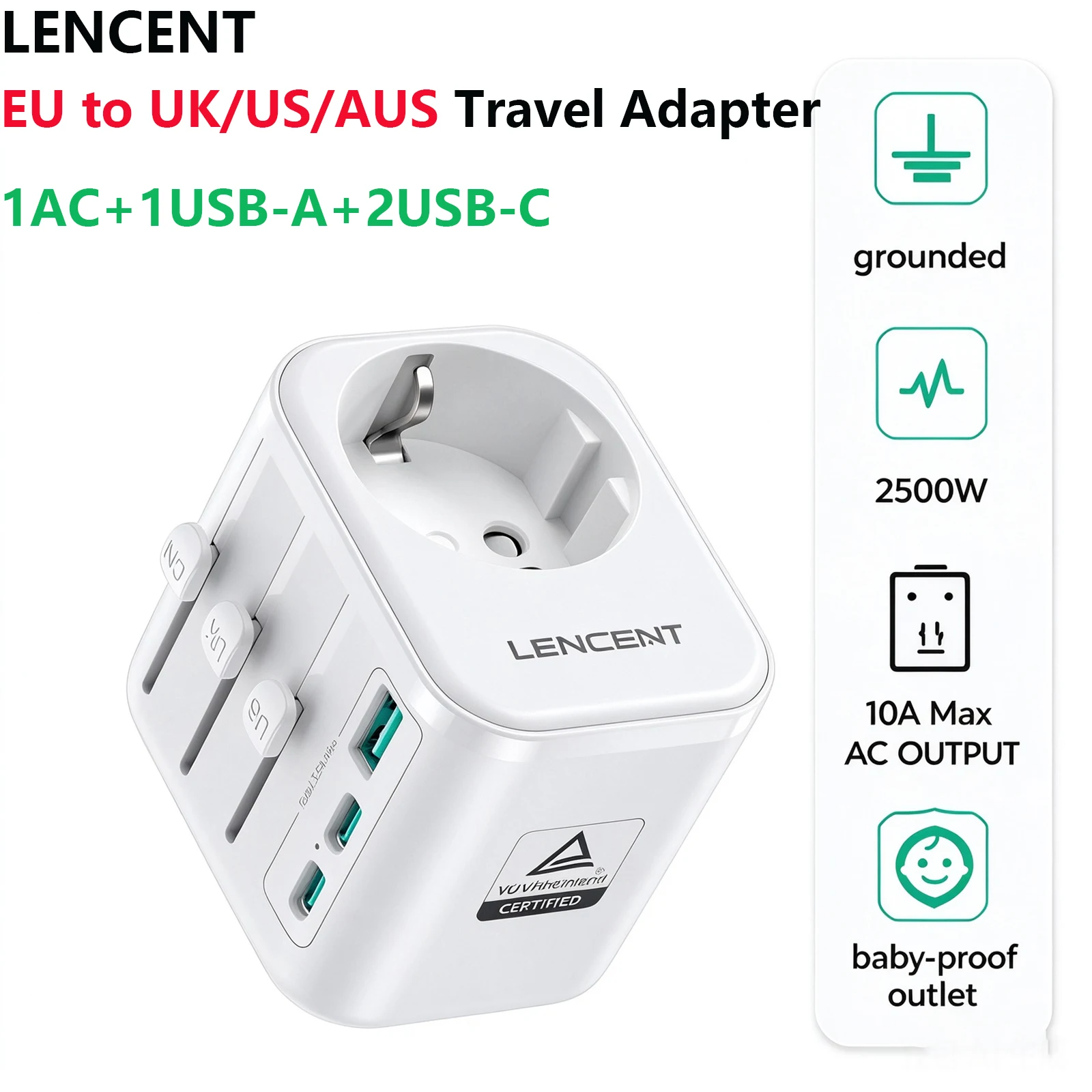 LENCENT Europe to AUS/US/UK Plug Travel Adapter with 1 AC Outlet 1 USB-A 2 USB-C 4 in 1 Grounded Travel Plug Adapter for Travel