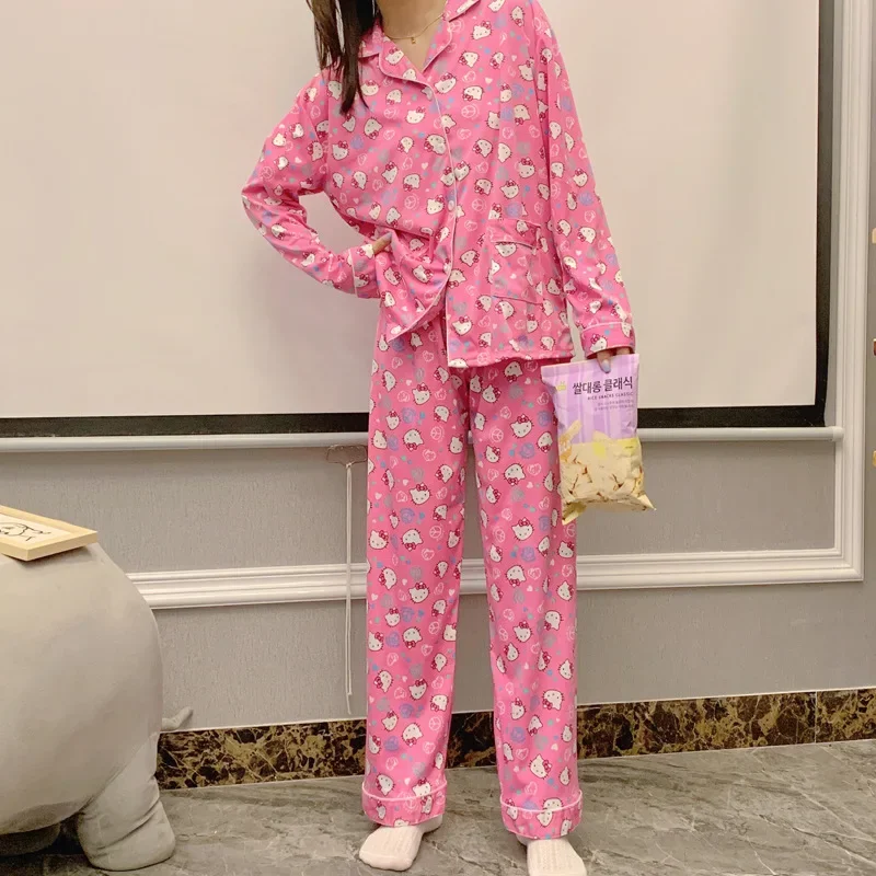 Sanrio Hello Kitty Spring Fall Pajama Women Cardigan Lapel Long Sleeve Trousers Sleepwear Cartoon Cute Loose Home Clothes Robes