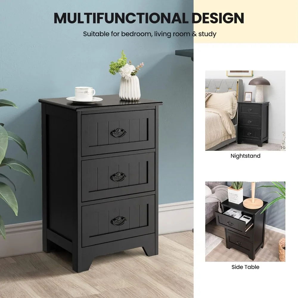 منضدة Giantex مع 3 أدراج، طاولة بجانب السرير مع مقابض معدنية رائعة، طاولة جانبية للأريكة مع طاولة مضادة للانزلاق D