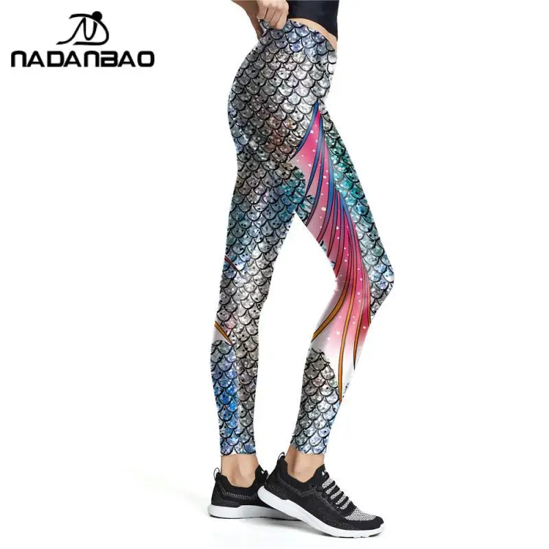 NADANABO New Blue Wonder Mermaid Leggings Gradient Color Fish Scale Printed Pants Workout Elastic Leggins High Waist Legins