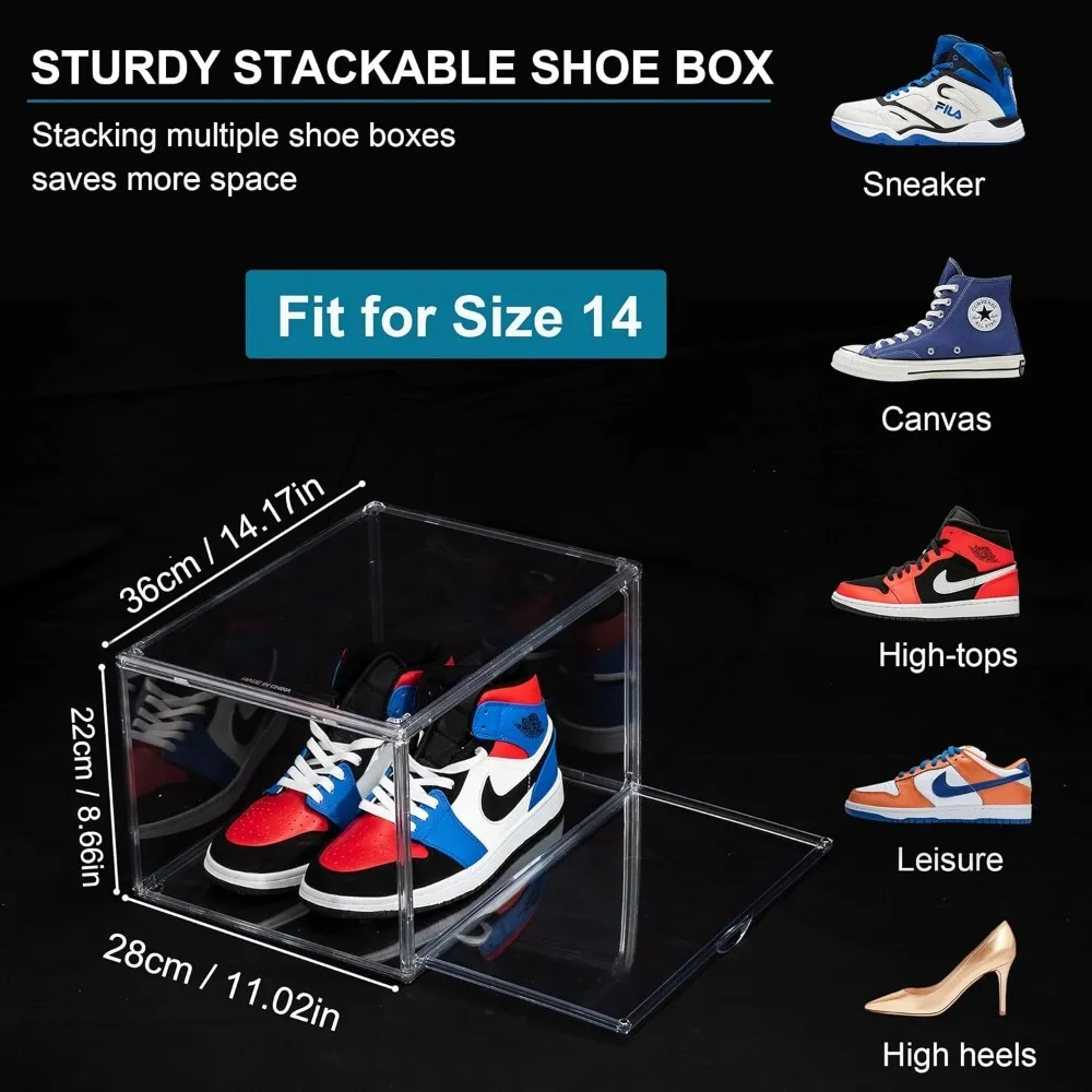 12 Pack Shoe Boxes, Clear Acrylic Plastic Shoe Boxes Stackable, Space-Saving Foldable Drop Front Shoe Storage Boxes Container