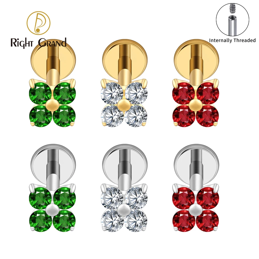 Right Grand Brinco de cartilagem em titânio ASTM F136 com flor de quatro pétalas e zircônia cúbica, calibre 16G, com rosca e base plana. Joia para piercing de lóbulo da orelha.
