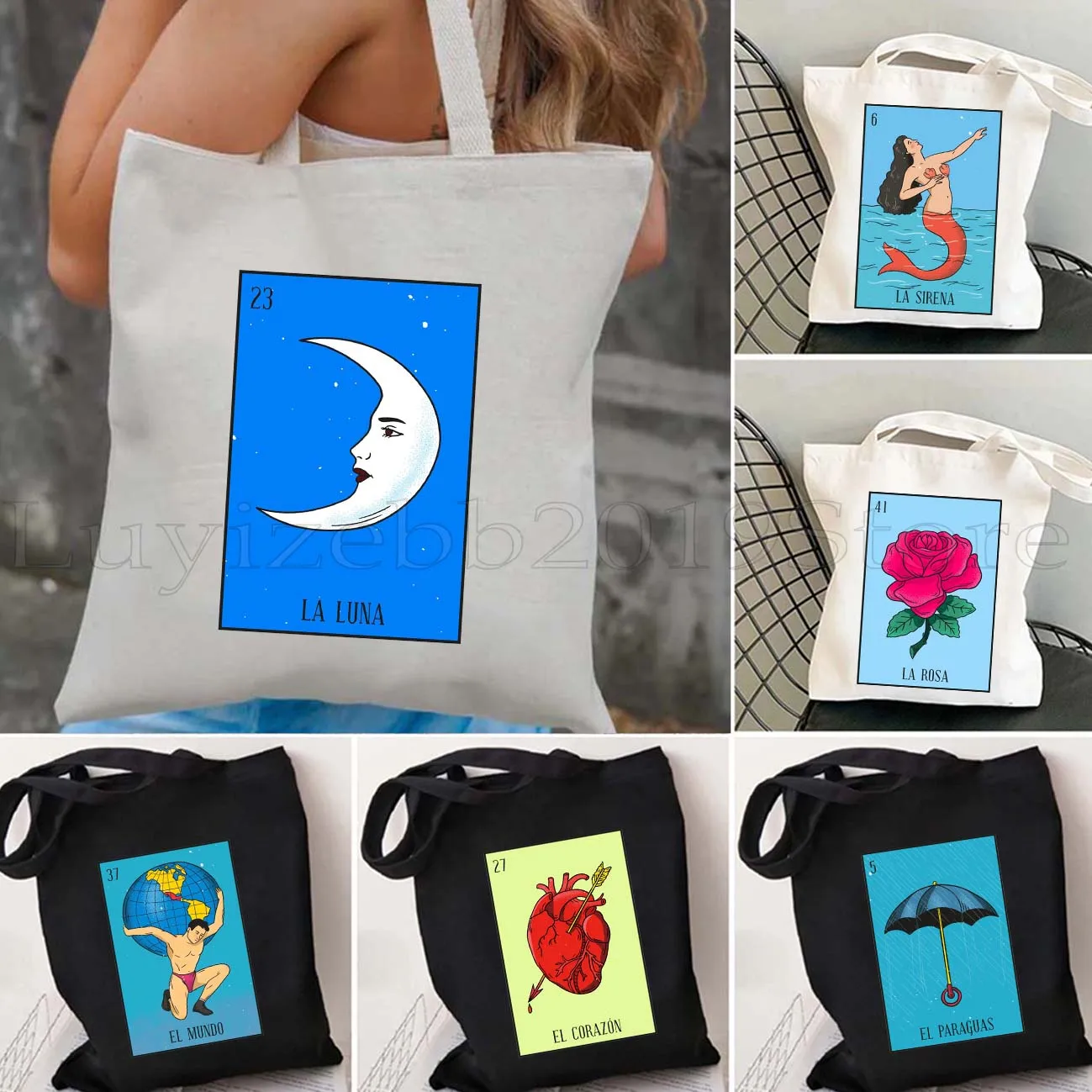 

El Catrin Muertos Tarot Nopal ESTRELLA SIRENA Luna ROSA LA BANDERA MEXICAN LOTTERY Bingo Card Shopper Холщовая сумка-тоут Сумка