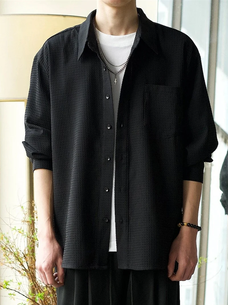 Youth Korean Fashion Long Sleeve Shirts Mens Black Oversized Shirt Button Up Shirts Blouses M-3XL