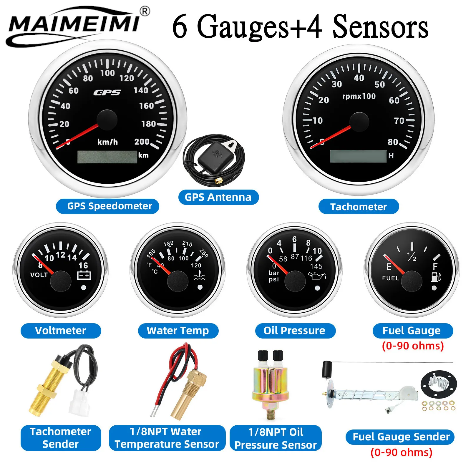6 Gauges Set With Sensors 85mm GPS Speedometer 120kmh 200kmh 8000rpm Tachometer 52mm Voltmeter Water Temp Oil Press Fuel 0-90ohm