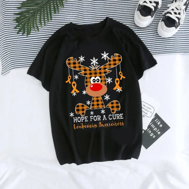 cotton 100%  Christmas Cartoon Rudolph Reindeer Breaking Paper Print T Shirt Women Holiday Casual Short Sleeve Top