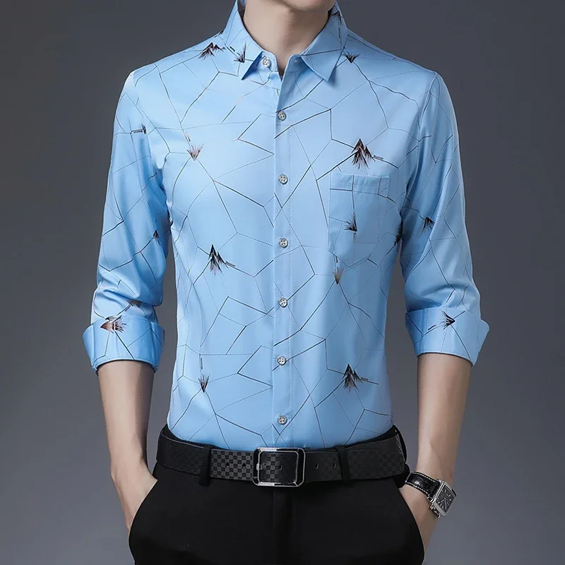 New Men\'s Casual Printed Long Sleeved Lapel Shirt for Spring and Autumn Fashion Comfortable Wrinkle Free Top Without Ironing