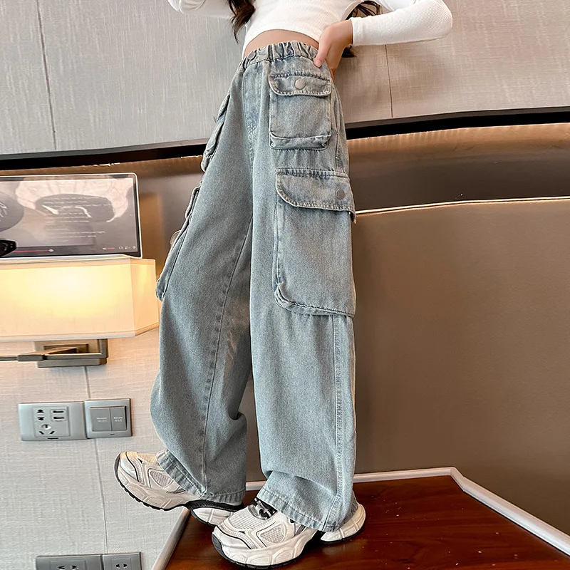 طفل الصناعات الثقيلة الضوء الأزرق مستقيم البضائع الجينز مع جيوب متعددة لفتاة التوأم الرجعية الدنيم السراويل الاطفال عارضة السراويل #4