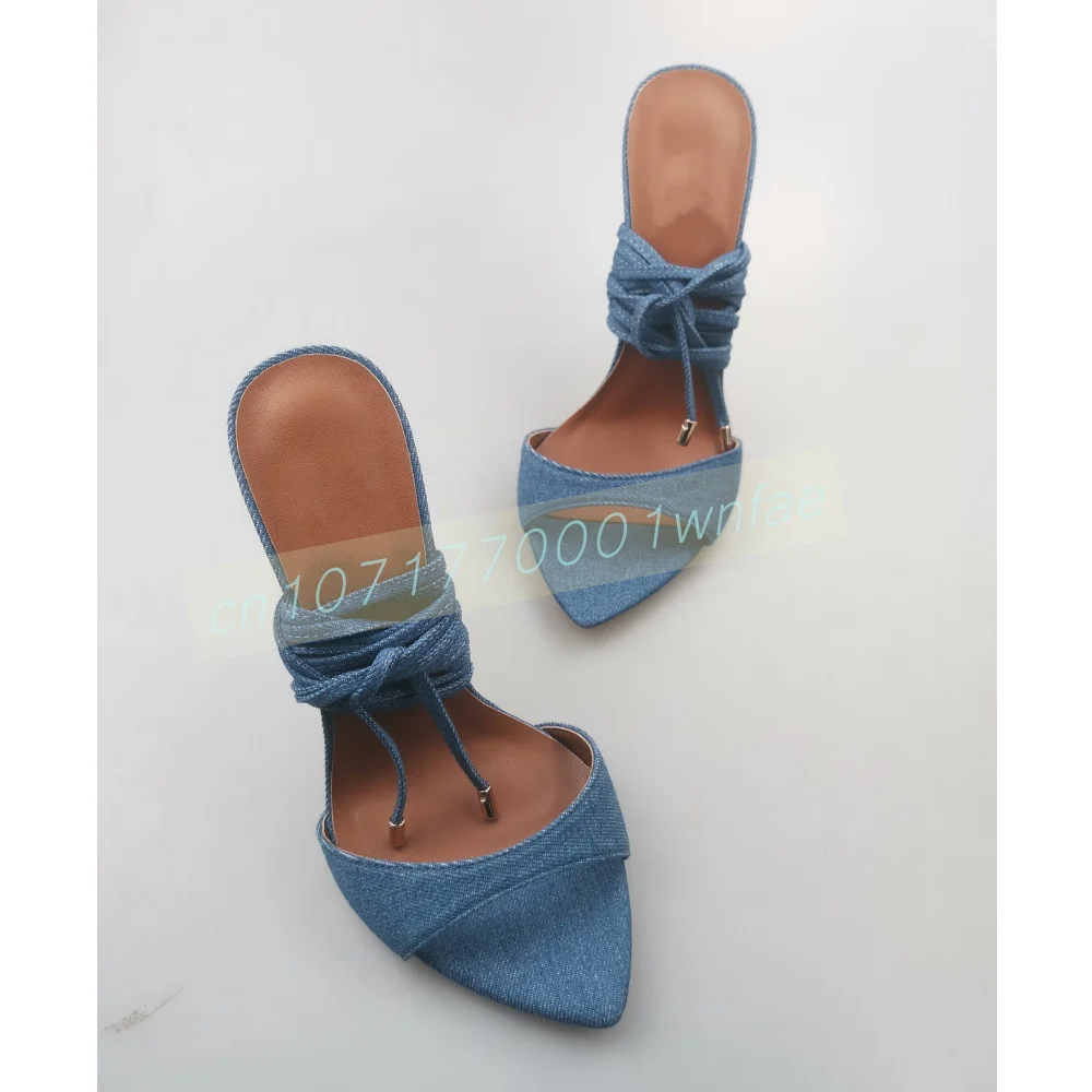 Women Blue Denim Lace Up Stiletto Sandals Open Toe Ankle Wrap High Heel Sandals Strappy Tie Leg Party Evening Prom Dress Shoes