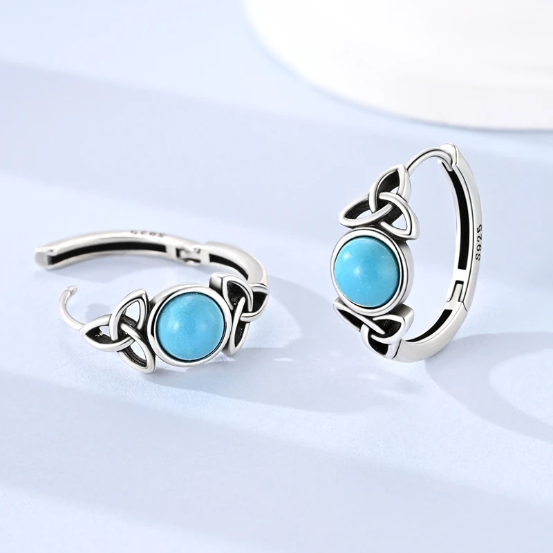 Original 925 Sterling Silver Unique Design Celtic Knot Blue Turquoise Hoop Earrings For Women Jewelry Gift image 3