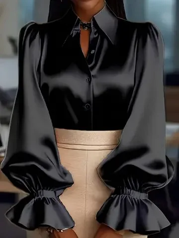 

Elegant Satin Lapel Button-Up Blouse Puff Sleeve with Ruffled Cuff Detail for Women – Office Wear & Formal Occasions