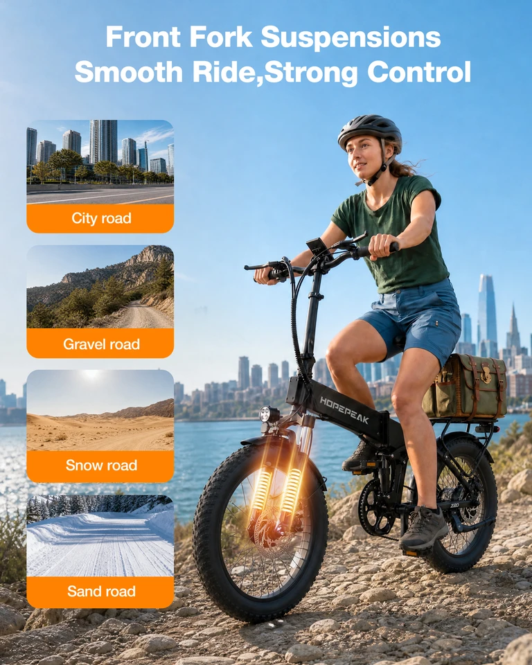 Hopepeak Z20 Folding Electric Bike for Adults, 1200W Peak Motor 48V 12Ah Battery, 20"×3" Fat Tire Commuter Ebike, 28MPH 65Mi,  7 Speed Foldable Electric Bicycle with Full Suspension image 8