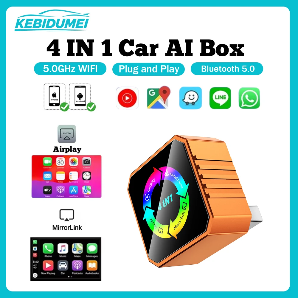 

KEBIDUMEI Q1BVS 4in1 Car AI Box Wired to Wireless WiFi Carplay Plug & Play Android Auto Adapter Airplay MirrorLink Smart Dongle