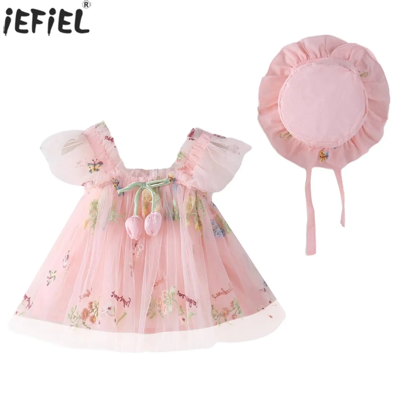 

Baby Children's Flower Girl Dress summer Sleeveless Embroidery Ruffled Tutu Tulle Princess Dresses with Hat for Party Holiday