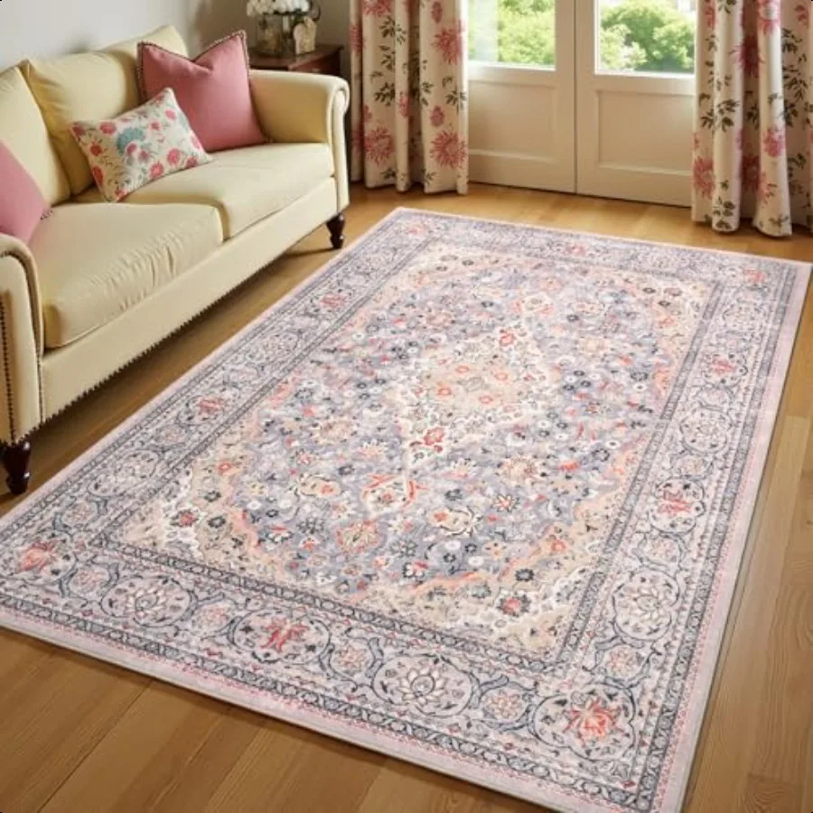 

4x6 Washable Boho Area Rug for Bedroom Floral Non Slip Living Room Rugs Soft Low Pile Indoor Mat Aesthetic Pattern Carpet for