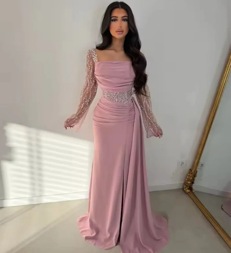 

Customized Pink Mermaid Square Collar Pleats Prom Dress Sleeveless Beaded Vestidos De Noche Floor-Length Formal Evening Met Gala