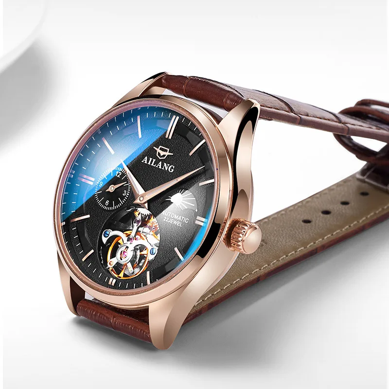 AILANG Luxury Tourbillon Watch for Men Leather Waterproof Luminous Fashion Moon Phase Mechanical Watches Mens Relogio Masculino