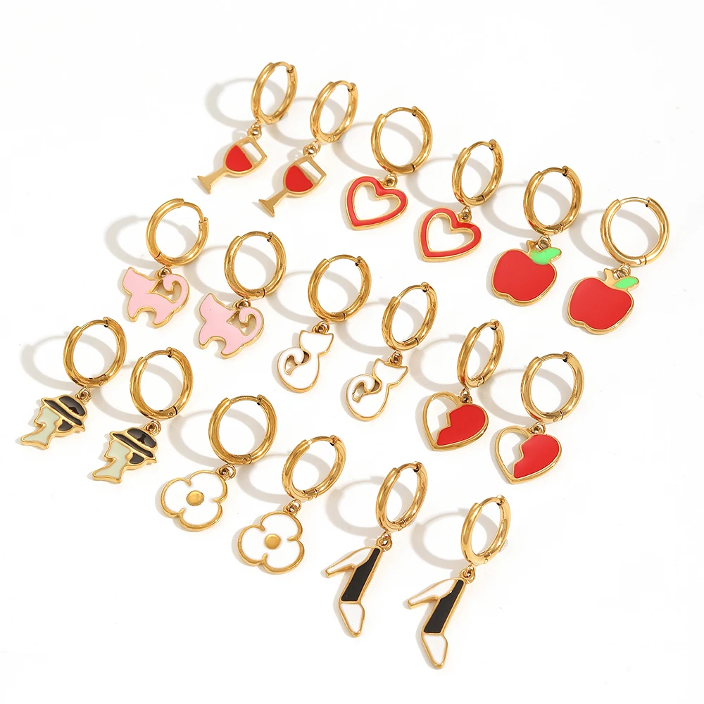 Stainless Steel Golden Plated red Apple Fruit Round Hoop Earrings For Women Cute Saint Day Jewelry