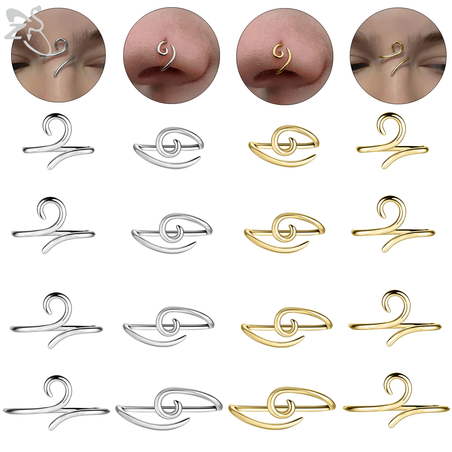 

ZS 1 шт., 16 г, серебро 925 пробы, внутренний крючок, внешний крючок, кольцо для бровей, спиральный мост, серьги-гвоздики для носа, спиральные серьги золотого цвета, пирсинг хряща