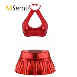 Damen Metallic Kunstleder Cheerleading Uniform Kostüm Cheer dance wear Riemchen Crop Tops Weste Doppels chicht Rüschen Minirock