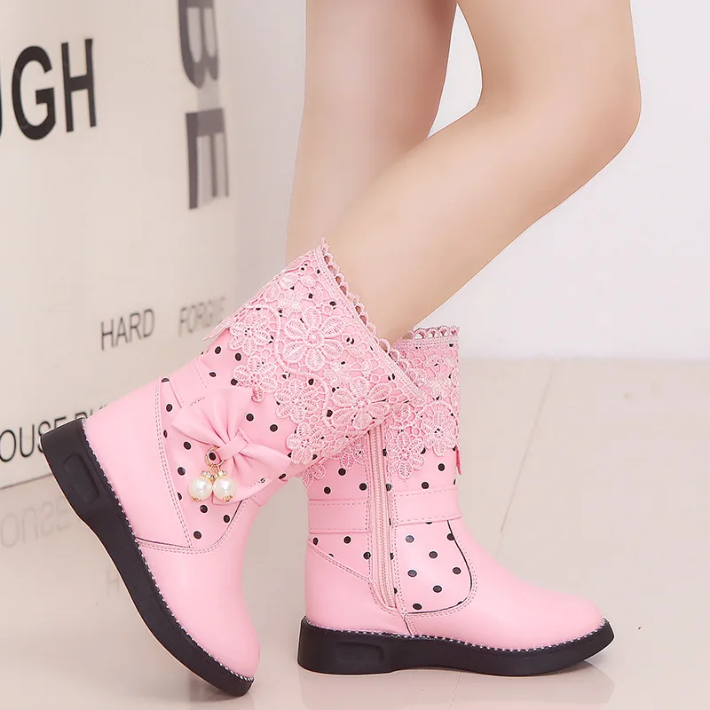 Girls Boots for Kids Autumn Winter Children Fashion Princess Leather Boots Elegant Bowtie Kid Causal Cotton High Boots Chic Lace