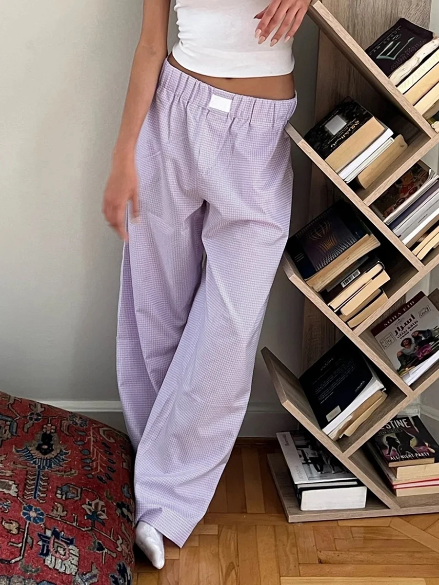 New Fashion Womens Spring Summer Baggy Pants Elastic Waistband Loose Wide Leg Plaid Pants With 2 Pockets Hot Sale S M L