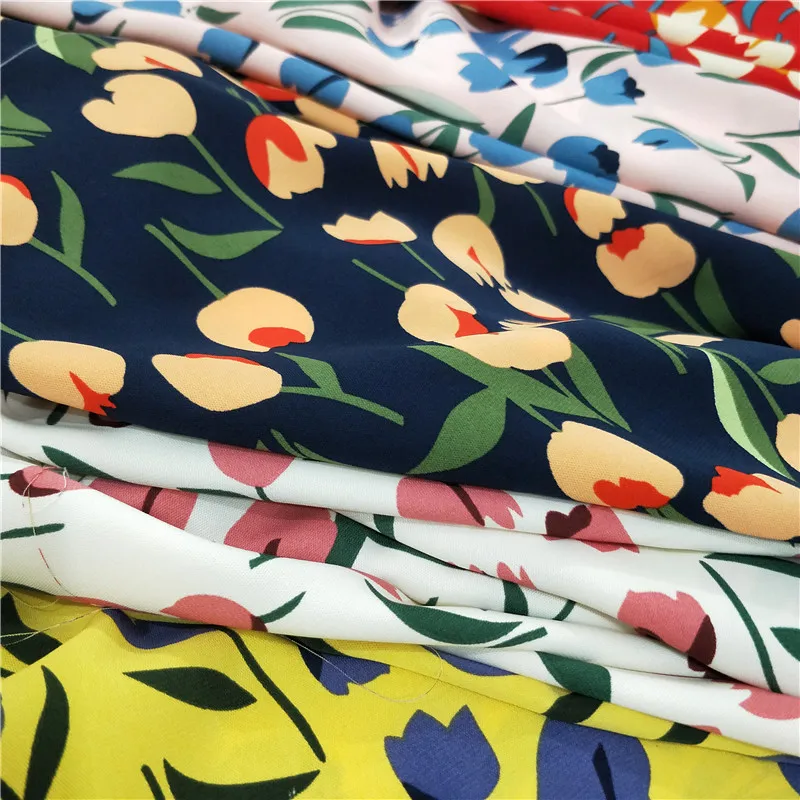 Micro-elastic Chiffon Fabric By The Meter for Clothes Dresses Shirts Sewing Printed Tulips Soft Drape Summer Opaque Flower Black