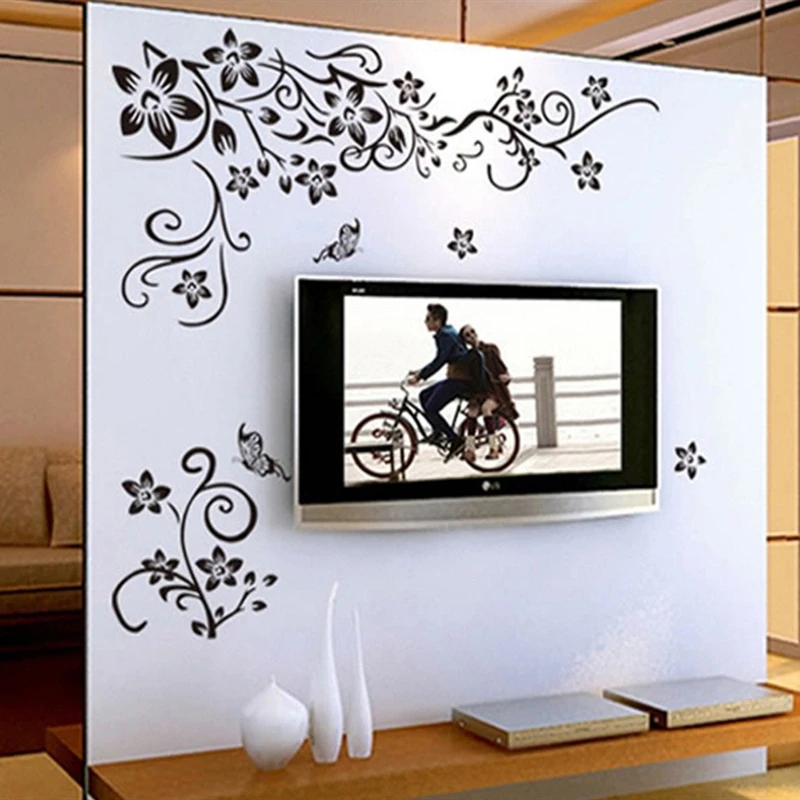Diagonal Flower Vine Butterfly Fly Vinyl Wall Stickers Removable for Home Living Room TV Background Decoration Two Packing Sizes