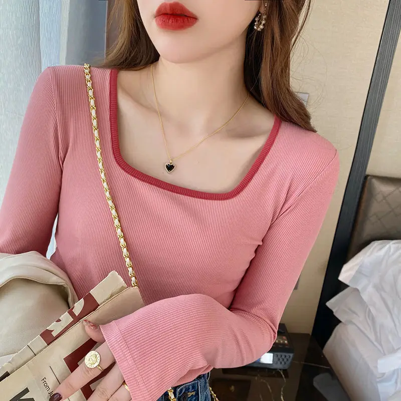 Women Casual Long Sleeve T-Shirts Square Collar Spring Autumn Slim Fit Pullovers T-shirt Female Patchwork Base Tees Tops