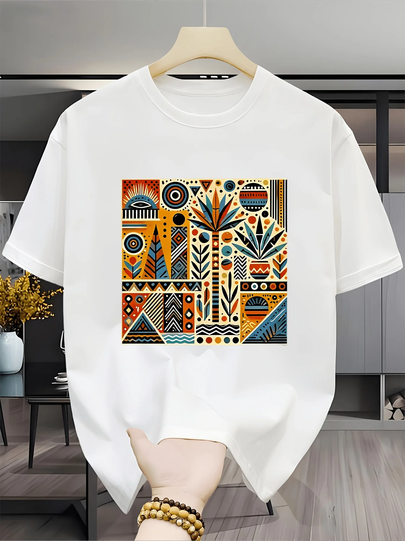 Retro Geometric Pattern T-Shirt, Abstract Art Graphic Tee, Trendy Aesthetic Summer Top for Women Men, Vintage Style Casual Shirt