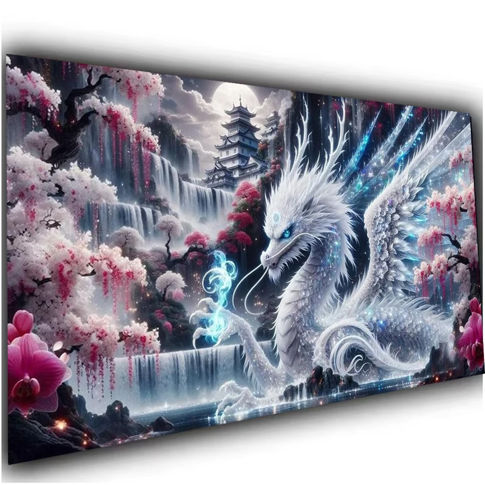 Ice Dragon Fantasy Landscape Waterfall Animal DIY 5D Diamond Painting Pink Orchid Full Mosaic Diamond Embroidery Sale Big Size
