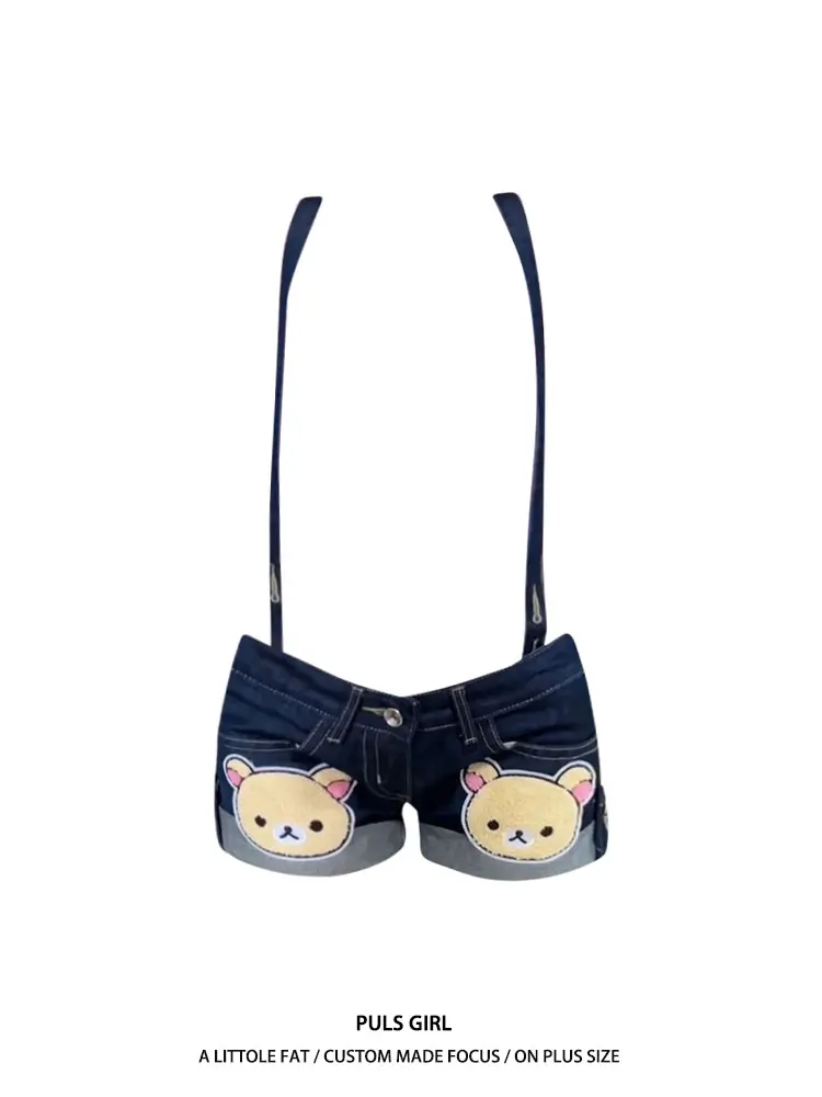 

Джинсовый комбинезон больших размеров в американском стиле с вышивкой медведя, летние новые женские шорты с эффектом утяжки и подтяжки ягодиц