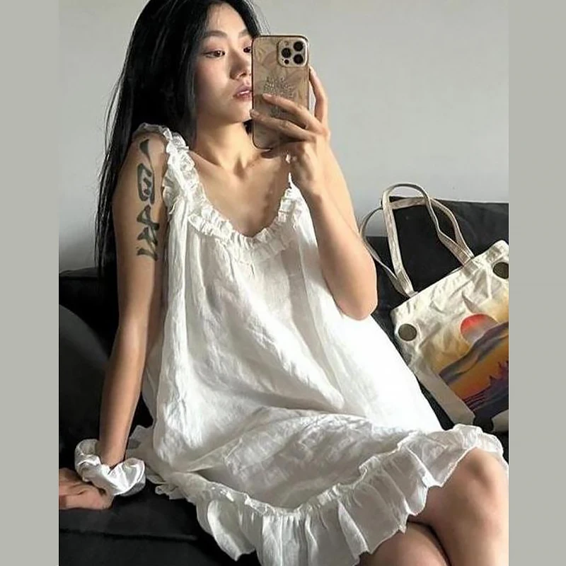 White Pajamas Sweet Sleeveless Mini Dress Casual Loose Ruffles Sleep Dress