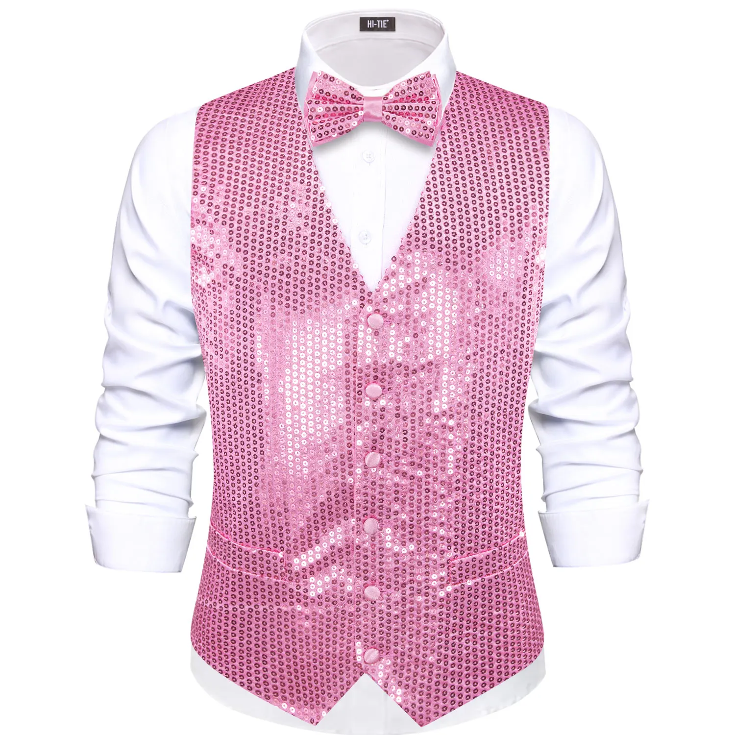 Hi-Tie Sequin Jacquard Collar Pink Solid Suit Vest Slim Fit Waistcoat for Wedding Groomsmen V-Neck Tuxedo Sleeveless Jacket