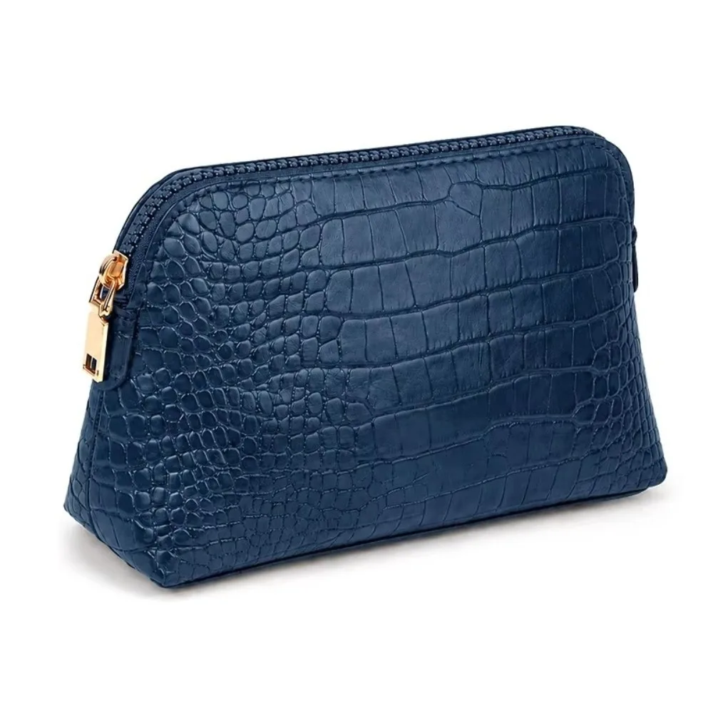 Vintage Crocodile Pattern Cosmetic Bag Zipper Closure Solid Color Make Up Bag PU Leather Portable Storage Pouch For Women