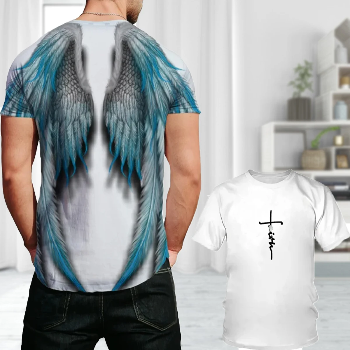 Dazzling Cool Men\'s T-shirt Angel Wings Cross 3D Printed Summer Casual Short Sleeve Oversized Fashion Breathable Sports Clothing